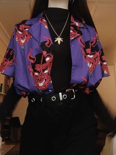 Purple Red Devil Harajuku Oversized Graphic Button Down Hip Hop Hawaiian