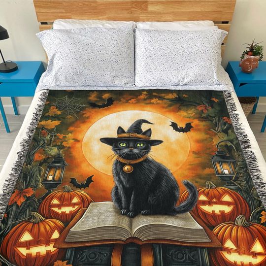 Halloween Woven Blanket, Black Cat Witch Throw Blanket, Pumpkin Jack-o-Lantern Tapestry, Fall Decor for Couch or Bed, Halloween Decor