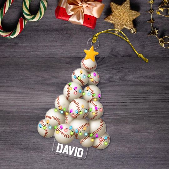 Custom Printed One Side - 2D Flat Christmas Baseball Tree Shape Acrylic Ornament, Christmas Baseball Pine Tree Keepsake Gift