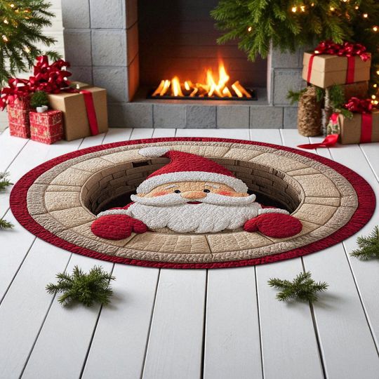3D Santa Claus Round Christmas Rug, Funny Holiday Chimney Floor Mat