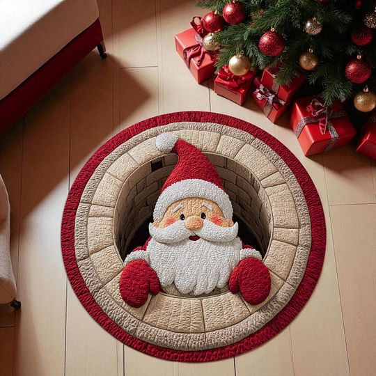 3D Santa Claus Round Christmas Rug, Funny Holiday Chimney Floor Mat