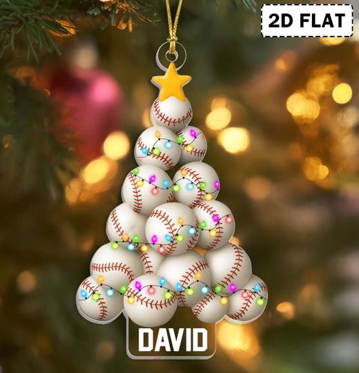 Custom Printed One Side - 2D Flat Christmas Baseball Tree Shape Acrylic Ornament, Christmas Baseball Pine Tree Keepsake Gift