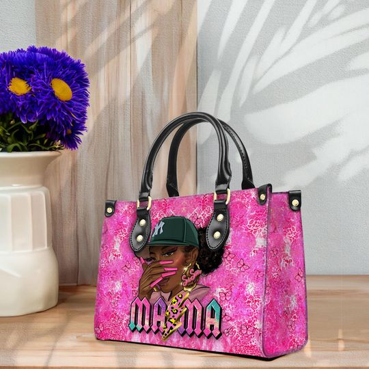 Custom Name Black Mom Leather Bag, Mother's Day Gift