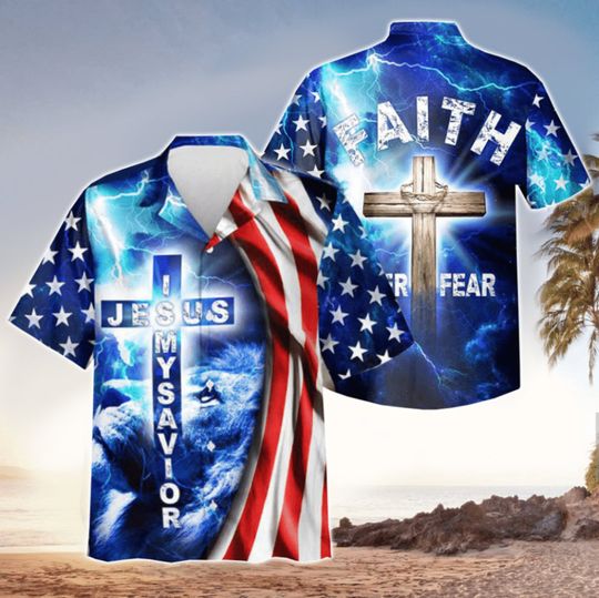Faith Over Fear Jesus Is My Savior Hawaiian Shirt For Men Women - Jesus Button Down Shirt, Short Sleeve Series - Vintage Hawaii Beach Shirt