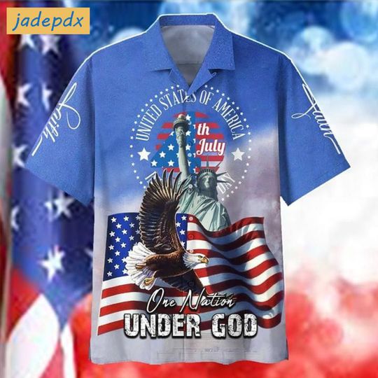 One Nation Under God American Flag Eagle And The Statue Of Liberty Hawaiian Shirt