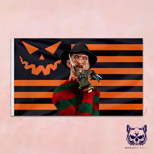 Freddy Krueger Flag  Halloween Horror Tapestry  Nightmare Wall Art  Slasher Movie Decor  Spooky Orange & Black Scary Movie Gift