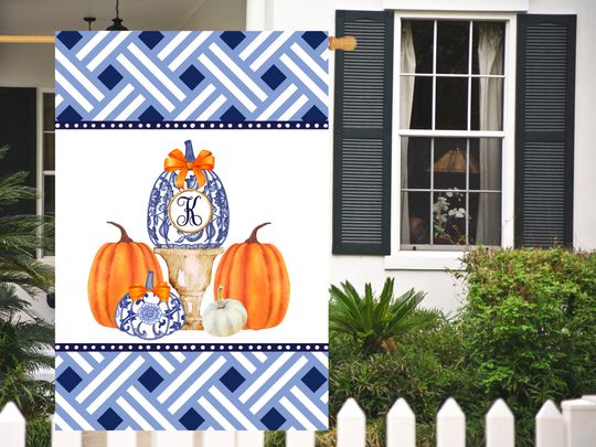 Preppy Monogram Chinoiserie Pumpkin Garden Flag |