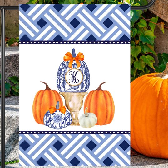 Preppy Monogram Chinoiserie Pumpkin Garden Flag |