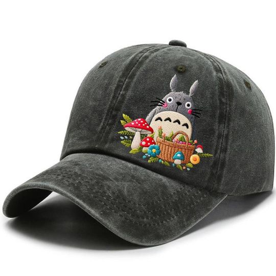Hand embroidered Totoro cap, Baseball cap embroidered Totoro picking mushroom