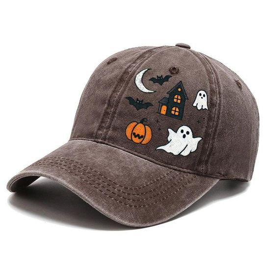 Embroidered Haunted House Cap, Cute Ghosts and Bats Hat