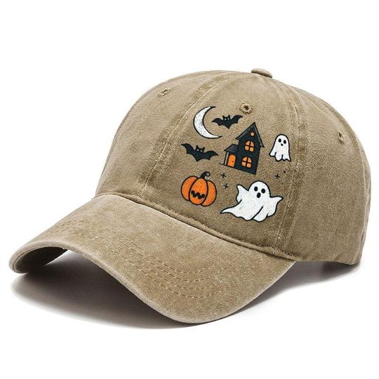Embroidered Haunted House Cap, Cute Ghosts and Bats Hat
