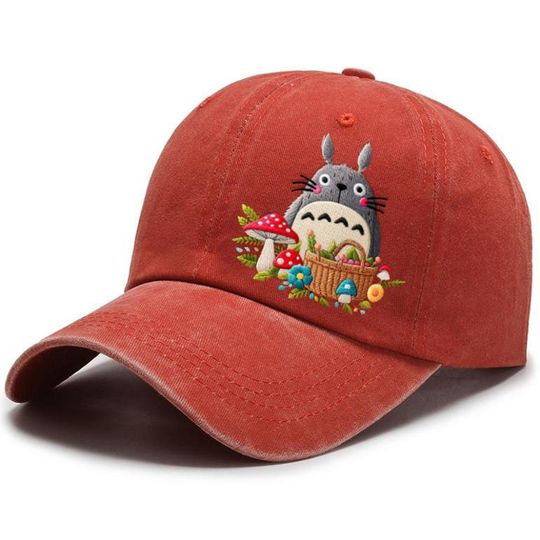 Hand embroidered Totoro cap, Baseball cap embroidered Totoro picking mushroom