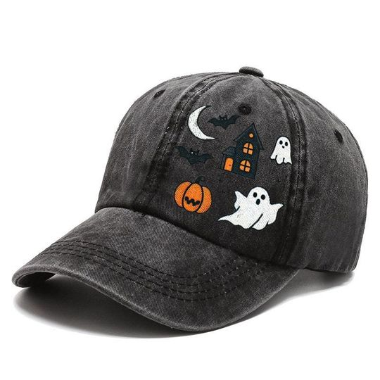 Embroidered Haunted House Cap, Cute Ghosts and Bats Hat