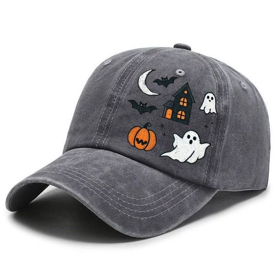 Embroidered Haunted House Cap, Cute Ghosts and Bats Hat