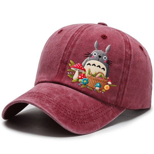 Hand embroidered Totoro cap, Baseball cap embroidered Totoro picking mushroom