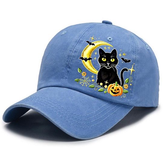 Embroidered Black Cat- Moon Cap, Witchy Halloween Cat Hat, Crescent Moon
