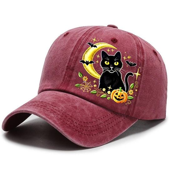 Embroidered Black Cat- Moon Cap, Witchy Halloween Cat Hat, Crescent Moon