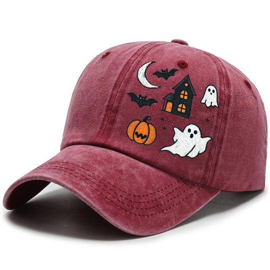 Embroidered Haunted House Cap, Cute Ghosts and Bats Hat