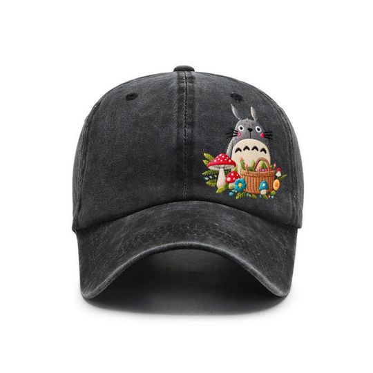 Hand embroidered Totoro cap, Baseball cap embroidered Totoro picking mushroom