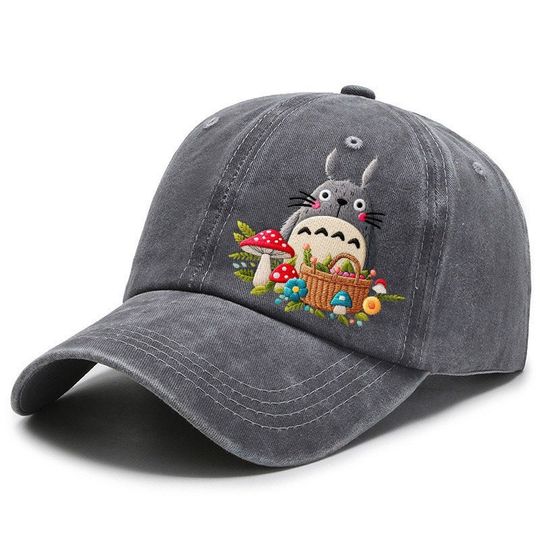 Hand embroidered Totoro cap, Baseball cap embroidered Totoro picking mushroom
