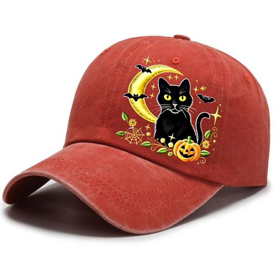 Embroidered Black Cat- Moon Cap, Witchy Halloween Cat Hat, Crescent Moon