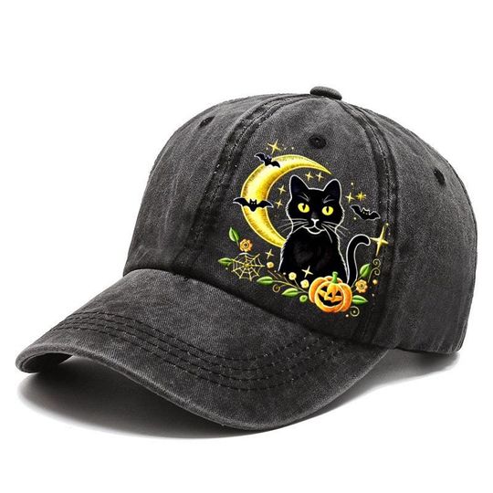 Embroidered Black Cat- Moon Cap, Witchy Halloween Cat Hat, Crescent Moon