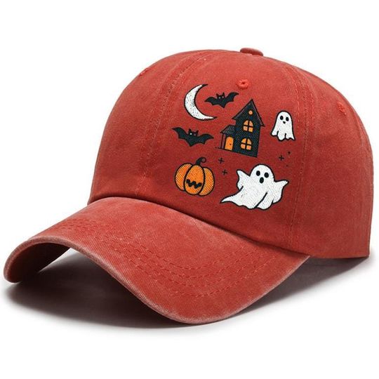 Embroidered Haunted House Cap, Cute Ghosts and Bats Hat