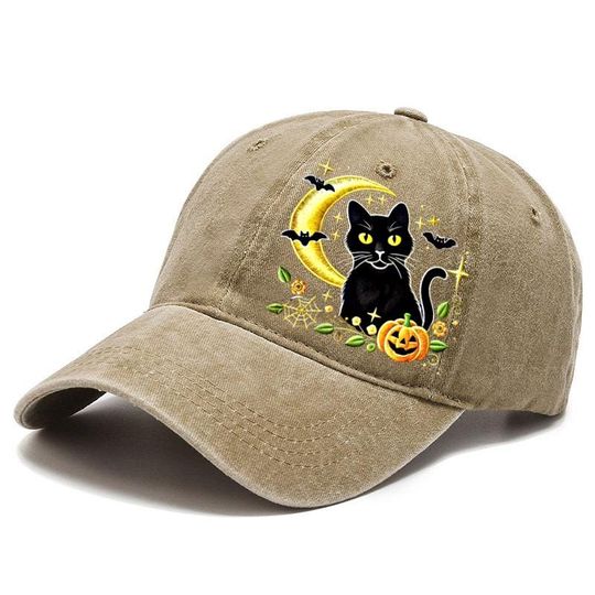 Embroidered Black Cat- Moon Cap, Witchy Halloween Cat Hat, Crescent Moon