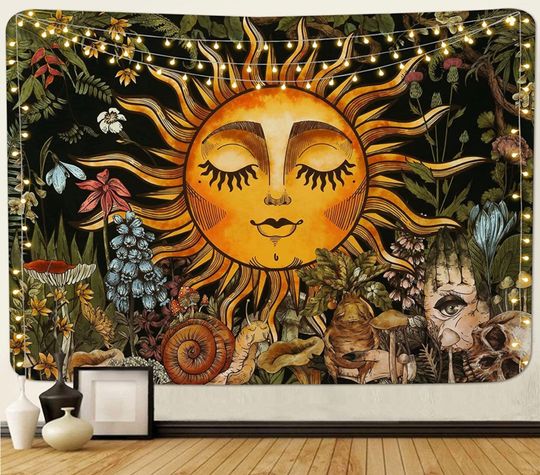 Sun Tapestry Vintage Indie Tapestry Retro Tapestry Aesthetic Boho Wall Hanging Black Tapestry