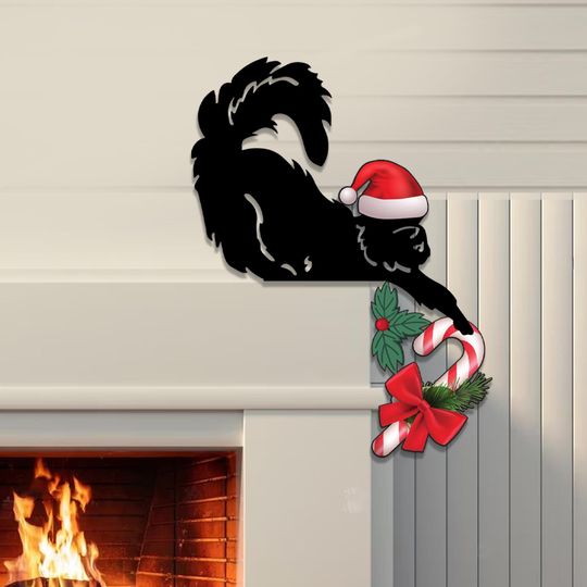 Cat and Christmas Candy Cane Wood Door Corner Sign, Christmas Home Decor, Door Frame Decoration, Cat Lover Gift