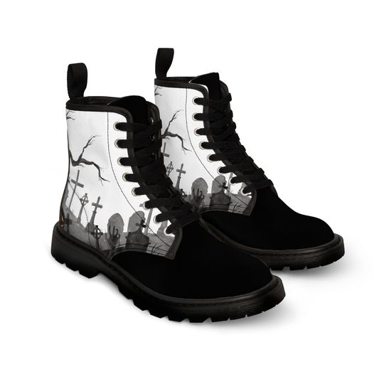 Women's Halloween Canvas Boots - Graveyard Design, Trendy & Comfortable, Perfect Fall Fashion