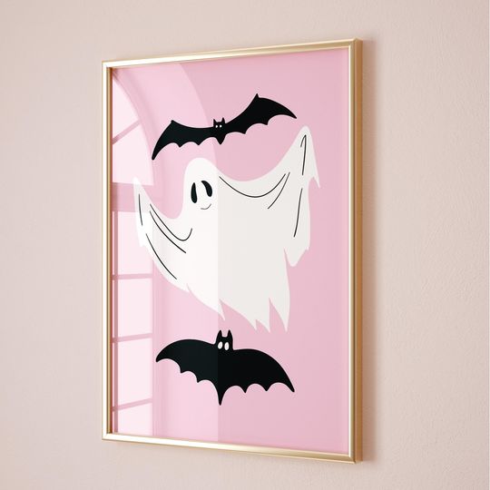 Pink Ghost Wall Art Print, Pinkoween Decor, Trendy Preppy Room Decor