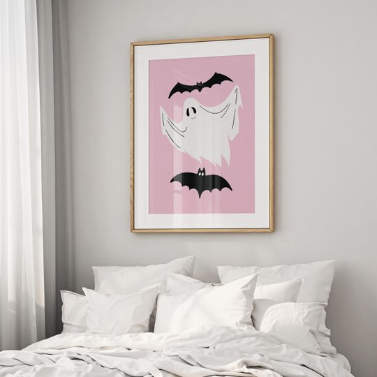 Pink Ghost Wall Art Print, Pinkoween Decor, Trendy Preppy Room Decor