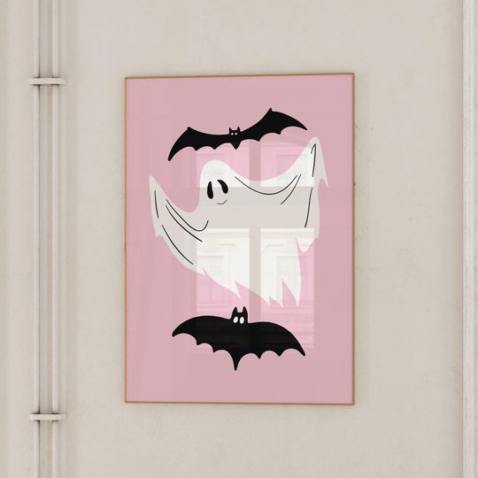 Pink Ghost Wall Art Print, Pinkoween Decor, Trendy Preppy Room Decor