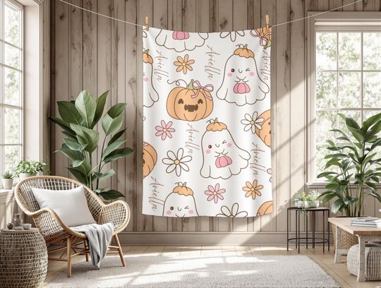 Halloween Ghost & Pumpkin Plush Blanket - Autumn Decor