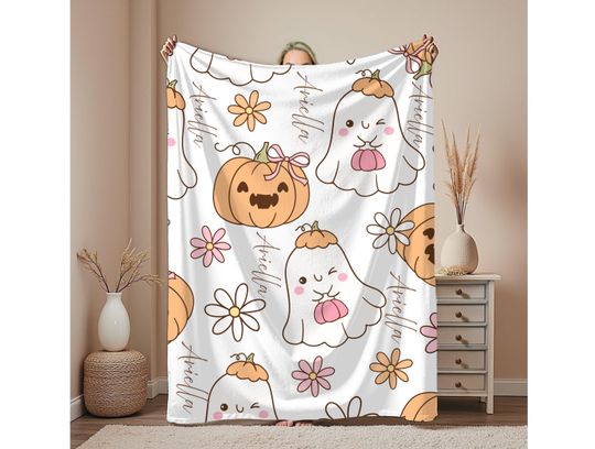 Halloween Ghost & Pumpkin Plush Blanket - Autumn Decor