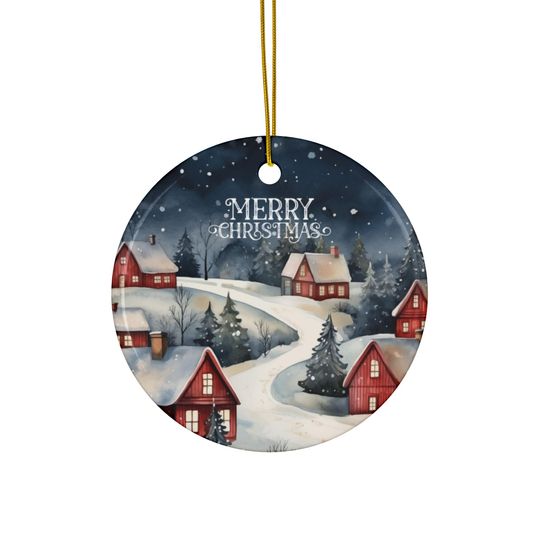 Personalized Ceramic Christmas Ornament, Snowy Village Keepsake
