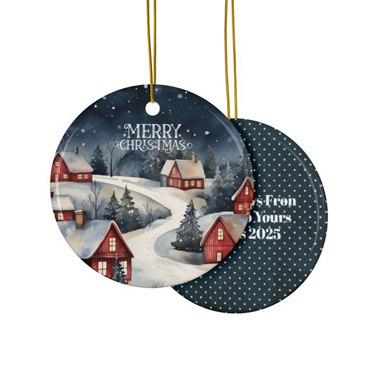 Personalized Ceramic Christmas Ornament, Snowy Village Keepsake