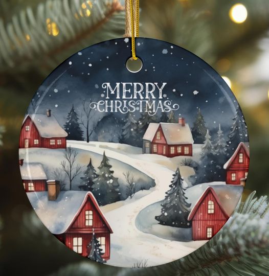 Personalized Ceramic Christmas Ornament, Snowy Village Keepsake