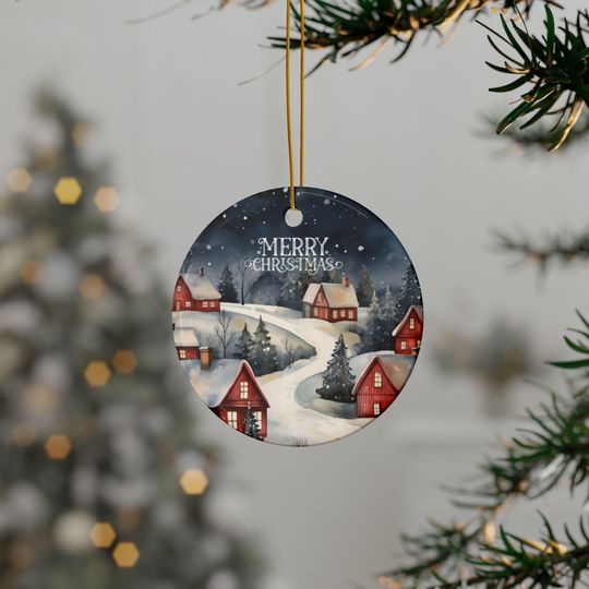 Personalized Ceramic Christmas Ornament, Snowy Village Keepsake