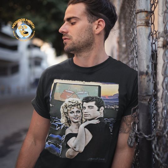 Grease Movie T-shirt, John Travolta, Olivia Newton John Hand-painted Portrait Design Shirt