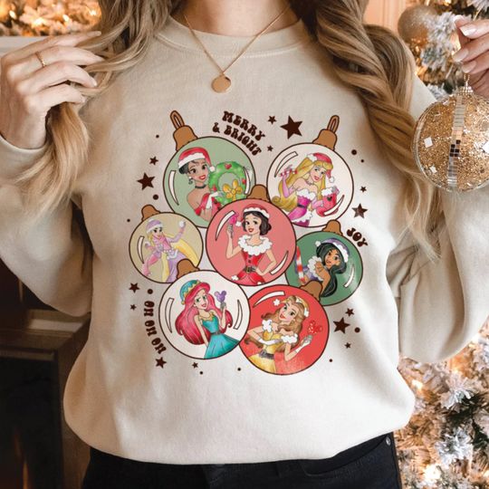 Disney Princess Christmas Sweatshirt, Retro Merry & Bright Princess Sweatshirt