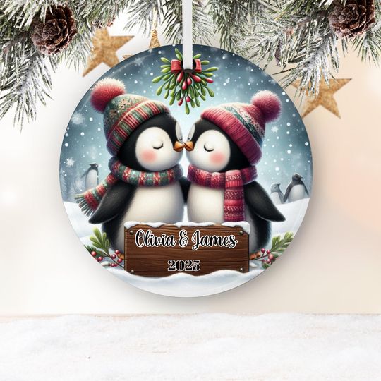 Personalized Kissing Penguins Ornament: Custom Ceramic Christmas Decoration