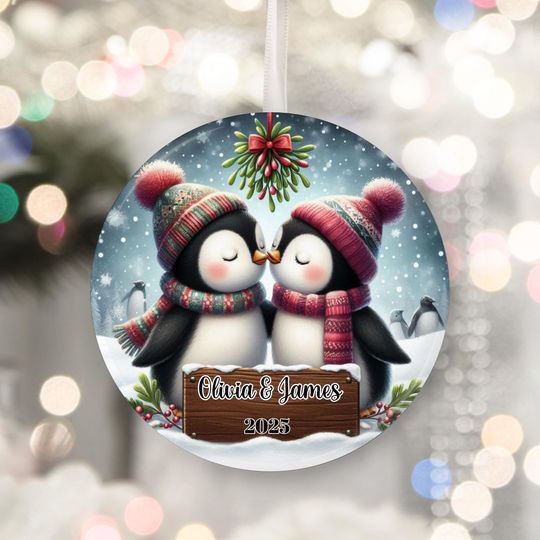 Personalized Kissing Penguins Ornament: Custom Ceramic Christmas Decoration