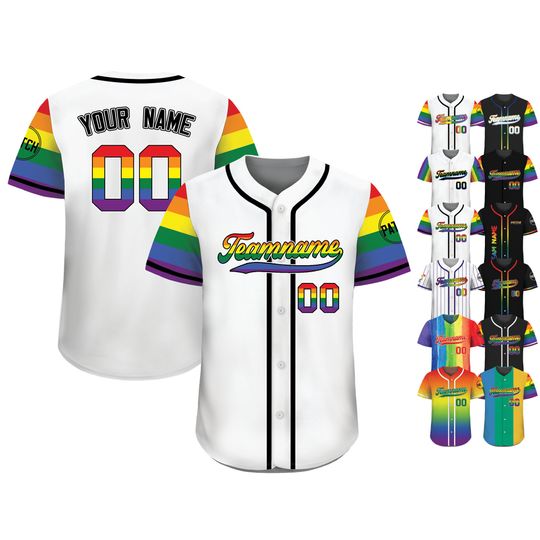 Custom Rainbow Pride Baseball Jersey with Team Name & Number – LGBT Team Gift