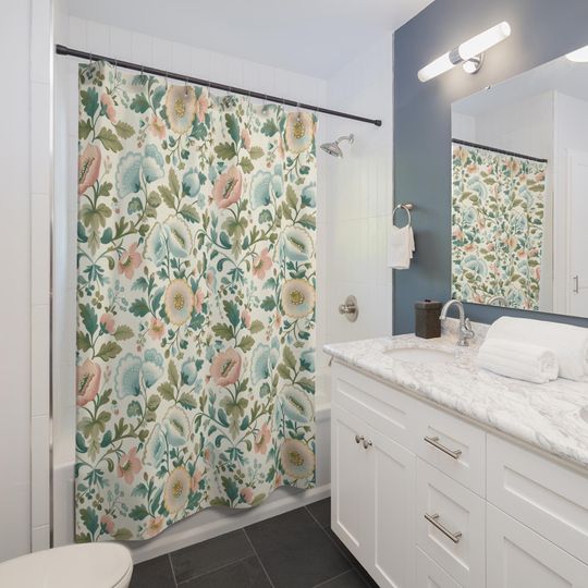 Floral Pastel Shower Curtain with Provencal Motif in Muted Blue Green - Granny Chic Cottagecore Farmhouse Decor