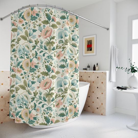 Floral Pastel Shower Curtain with Provencal Motif in Muted Blue Green - Granny Chic Cottagecore Farmhouse Decor