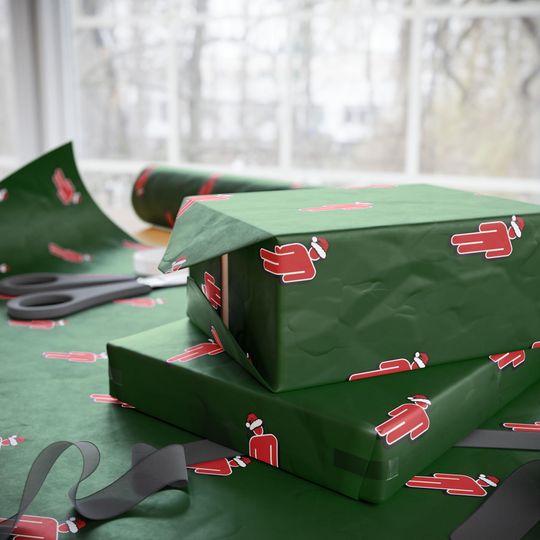 B.E. Inspired Christmas Wrapping Paper: Green Holiday Santa Icon Gift Wrap