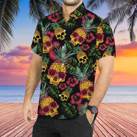 Pineapple Skull Black Hawaiian Shirt,  Summer Skull