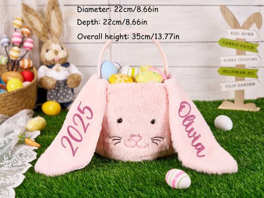 Personalized Plush Easter Basket, Embroidered Easter Bucket, Kids Bunny Basket with Name, Custom Easter Bag, Easter Gift for Kids Girls Boys